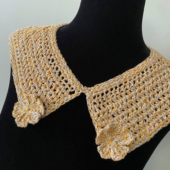 Handmade Crochet Gold Grey Cotton Mohair Holiday Collar Neckwear Accessory - Picture 5 of 7